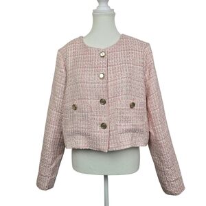 Joie Blush Pink Tweed Blazer Sz L | Pocketed Cropped Jacket | Preppy Chic